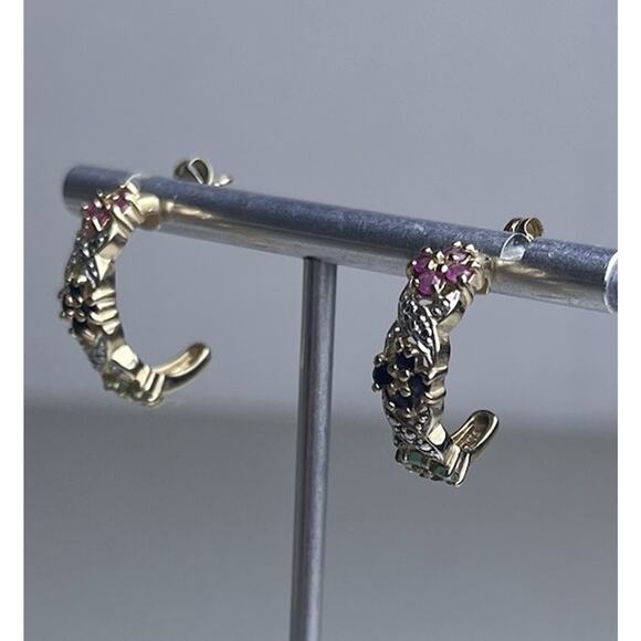 Gold Vermeil 925 Sterling Silver Sapphire Hoop Earrings Huggie Small Hoops - Picture 4 of 16